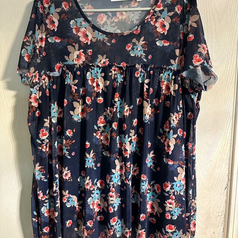 Notations Pleated Blue and Pink Short Sleeve Blouse